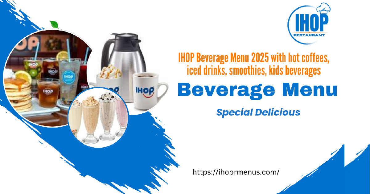 Beverage menu featuring a selection of drinks including coffee, teas, sodas, juices, and specialty beverages.