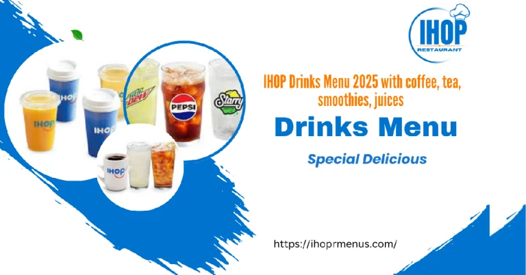 Drinks menu featuring a variety of beverages including coffee, soft drinks, smoothies, juices, and specialty drinks